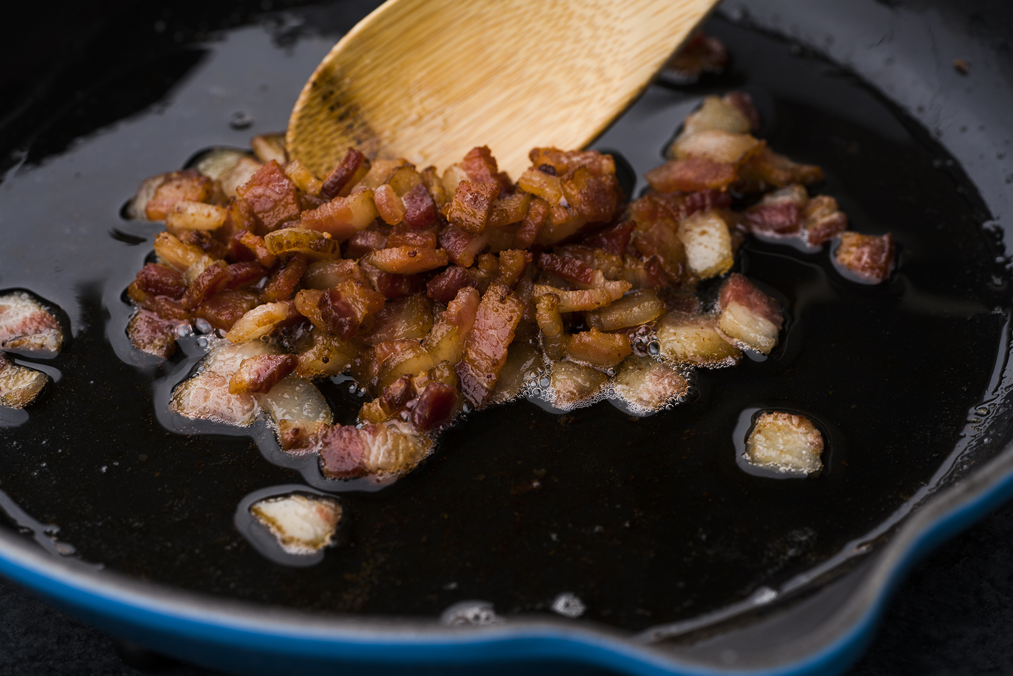 Bacon Frying in Skillet for Cuban Black Beans Recipe