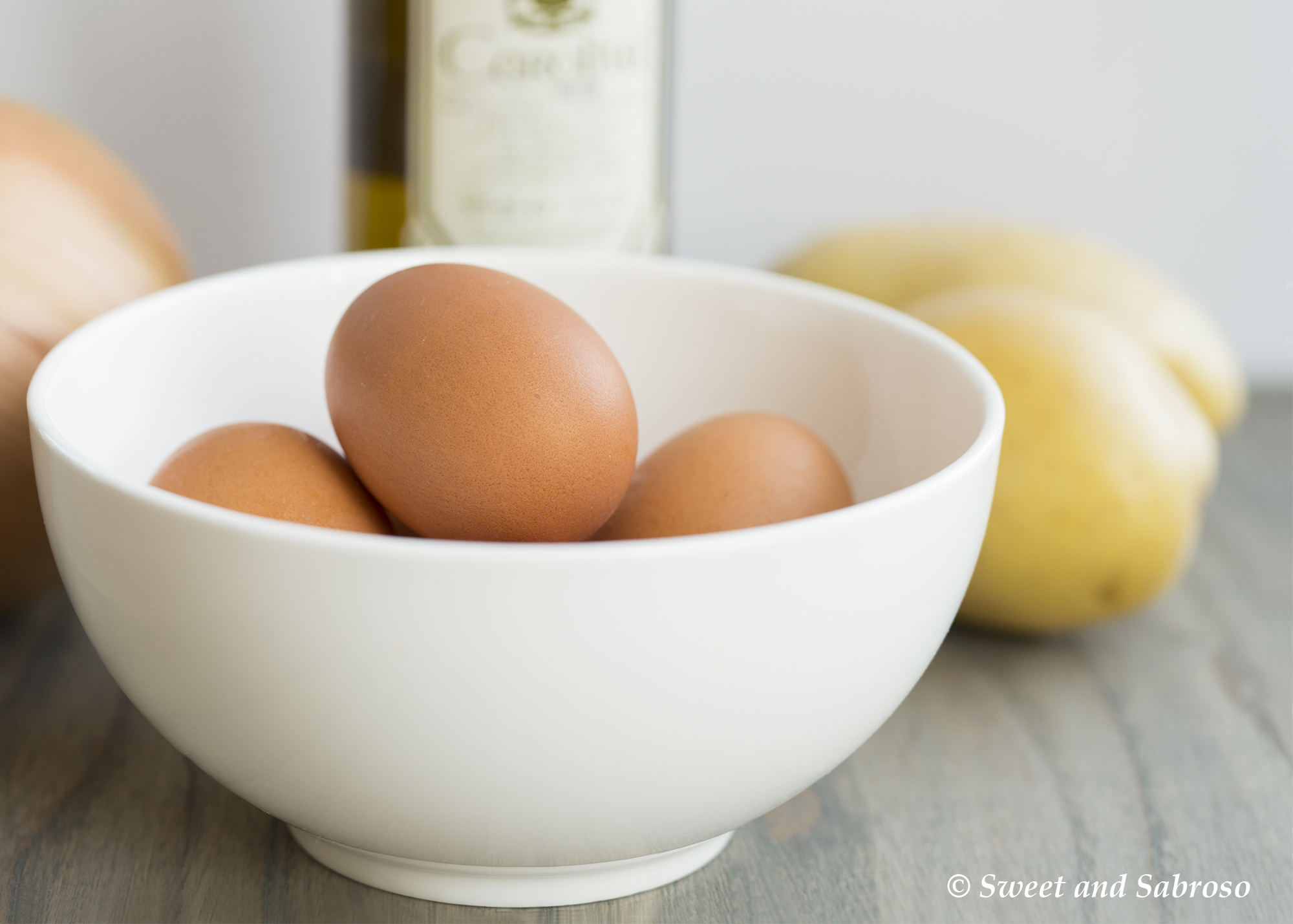 Tortilla Española (Spanish Omelet) Ingredients (Eggs, Potatoes, Onion and Olive Oil)