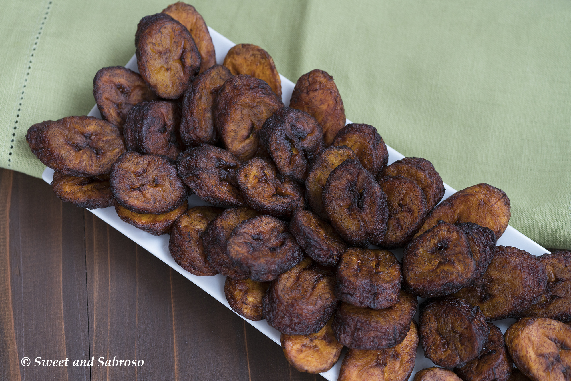 Cuban Plátanos Maduros Fritos (Fried Sweet Plantains) On a Platter (Overhead Photo)