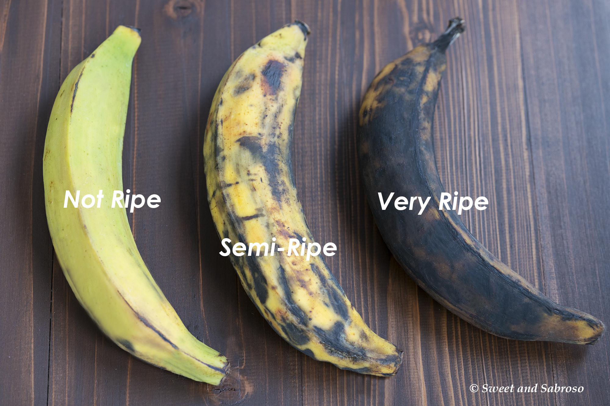 Three Plantains at Different Ripeness Levels: Unripe (Green), Semi-Ripe (Yellowish-Brown) and Very Ripe (Black)