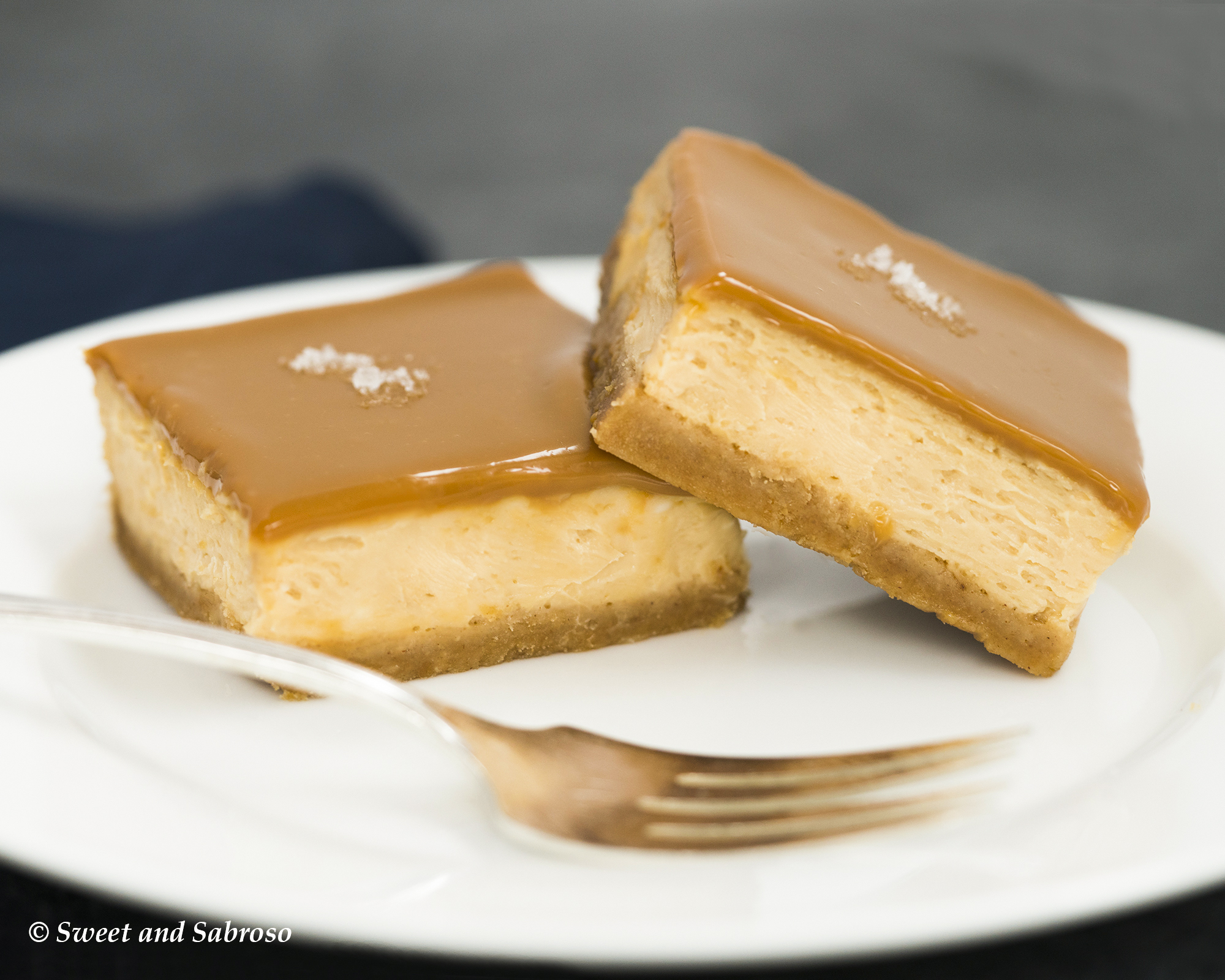 Two Heavenly Salted Dulce de Leche (Caramel) Cheesecake Bars Plated with a Fork