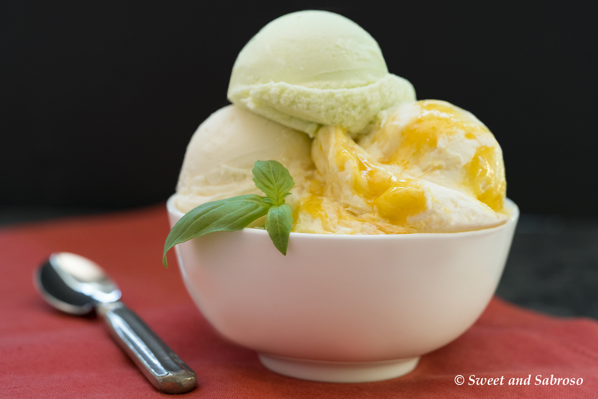 Homemade Ice Cream Three Ways: Sweet Cream Vanilla, Basil Olive Oil & Mango Swirl