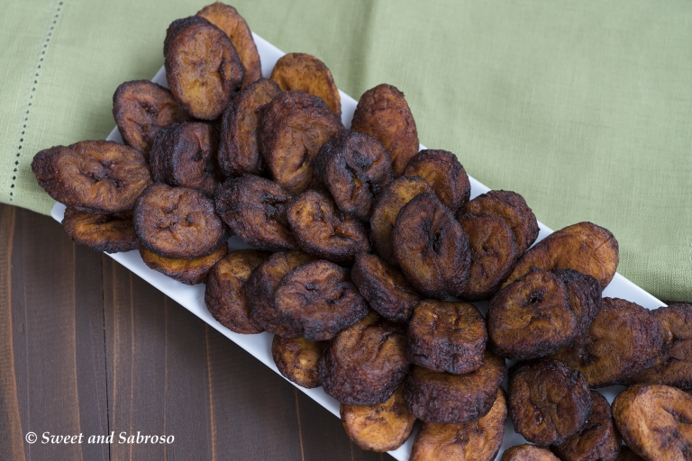 Cuban Plátanos Maduros Fritos (Fried Sweet Plantains) On a Platter (Overhead Photo)